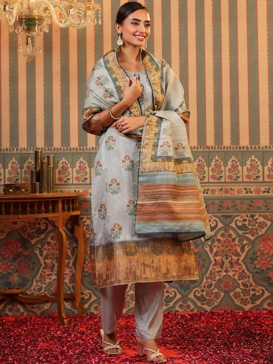 Scakhi Floral Printed Sequinned Kurta With Trousers & Dupatta