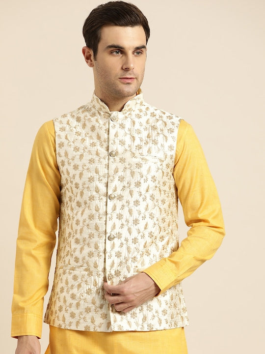 Sojanya Men Cream Coloured & Gold Coloured Woven Design Nehru Jackets