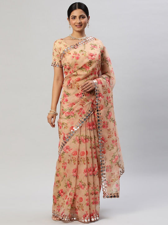 Kasee Floral Printed Mirror Work Organza Saree