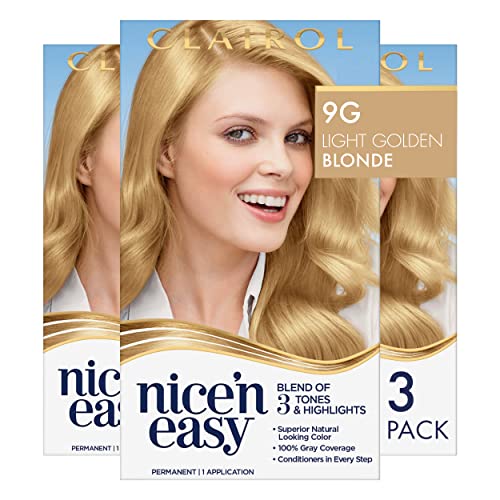 Clairol Nice'n Easy Permanent Hair Dye, 9G Light Golden Blonde Hair Color, Pack of 3