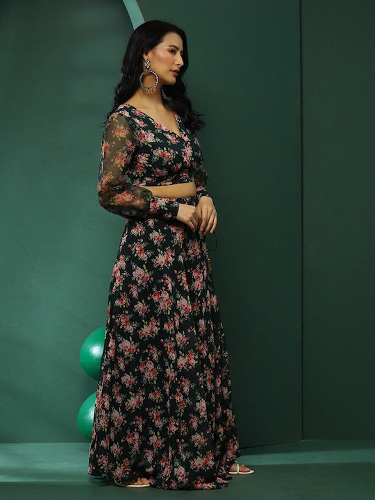 AKS Floral Printed Ready to Wear Lehenga & Blouse With Dupatta