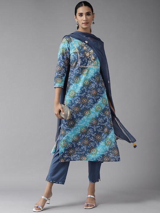 Yufta Women Blue Bandhani Printed Embroidered Detail Cotton Kurta with Trousers & Dupatta