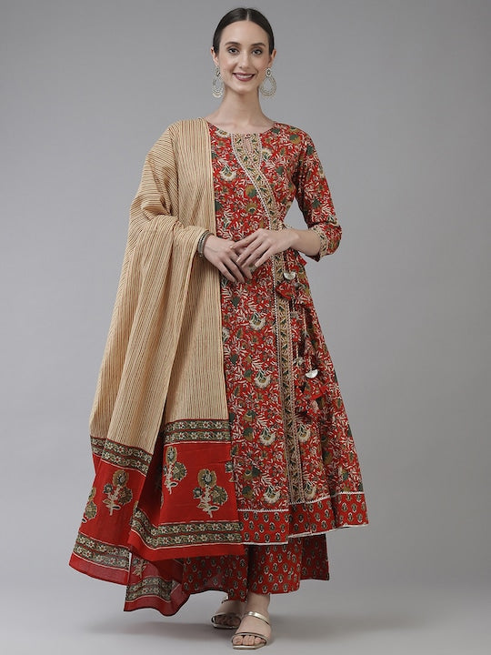 Yufta Women Red Ethnic Motifs Printed Angrakha Pure Cotton Kurta with Palazzos & Dupatta