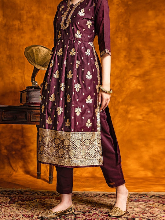Here&now Ethnic Motifs Woven Design V-Neck Empire Kurta With Trousers & Dupatta