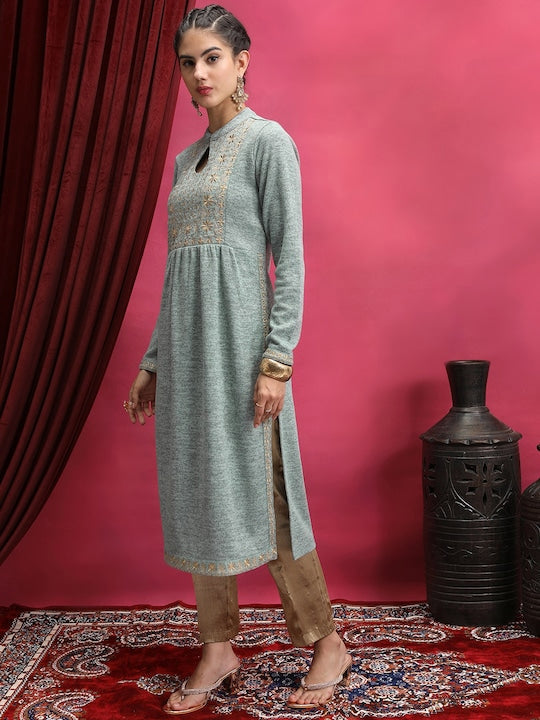 Vishudh Sea Green Floral Embroidered Mandarin Collar Kurta