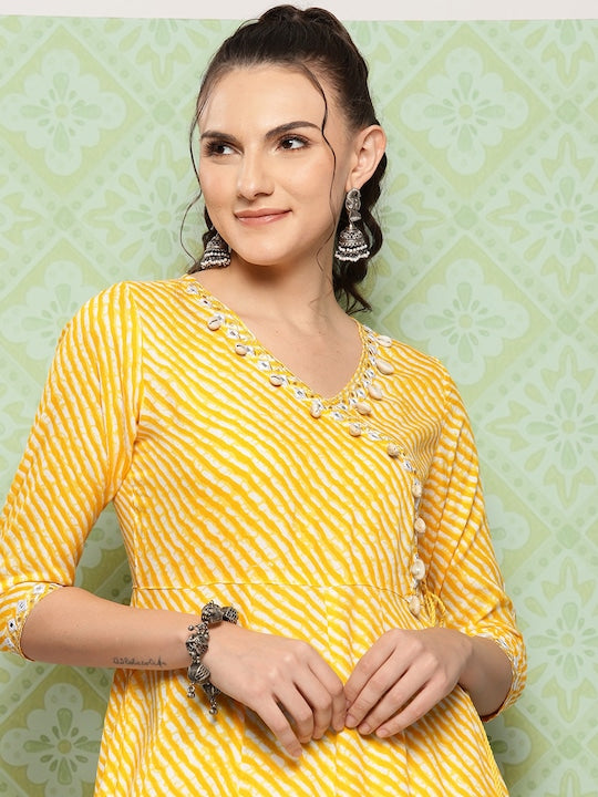 Yufta Leheriya Printed Mirror Work Anarkali Kurta