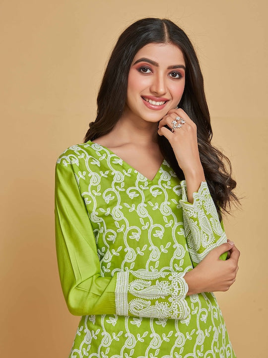 Sangria Green Floral Embroidered Pure Cotton Straight Kurta & Dhoti Pant