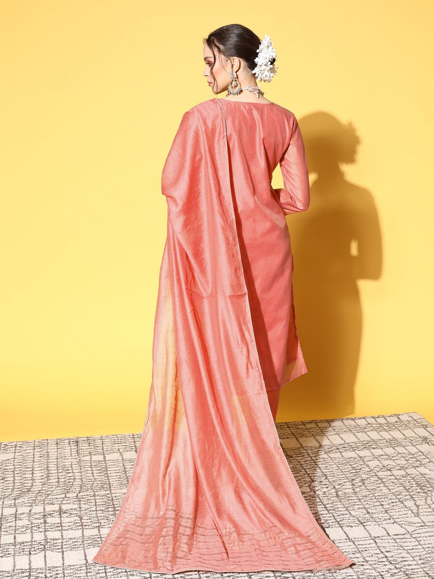 ISHIN Womens Chanderi Cotton Pink Embroidered A-Line Kurta Trouser Dupatta (Set of 3)