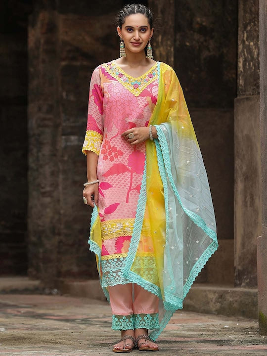 Scakhi Floral Printed Regular Kurta with Trousers & Dupatta