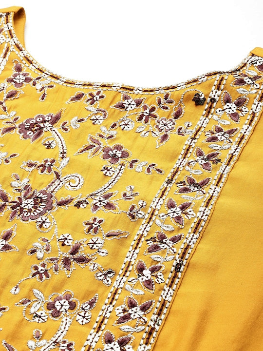 Here&now Floral Embroidered Sequinned Anarkali Kurta with Dupatta