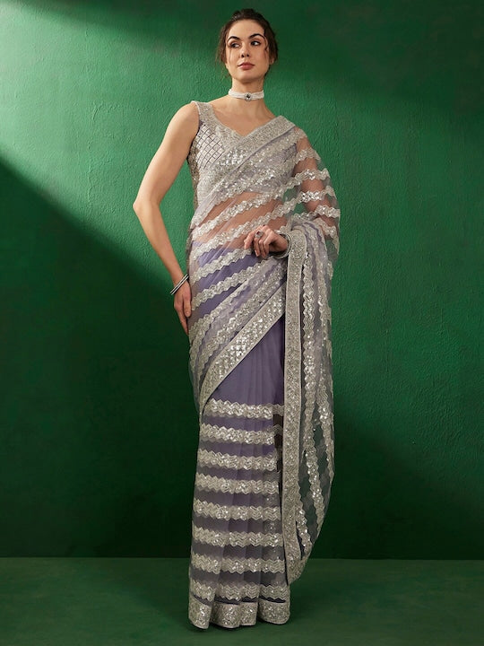 Sangria Sequinned Embellished Net Saree