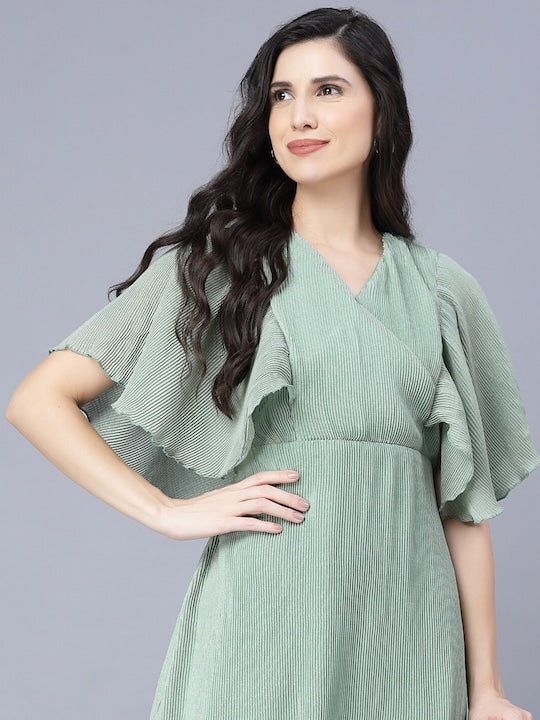 Myshka Women Green Solid Chiffon Midi Dress