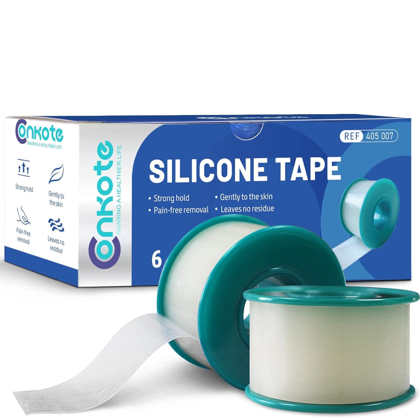 Conkote Pain-Free Removal Silicone Tape 1" x 5 Yards, Strong Adhesion and Hypoallergenic, Good for Sensitive Skin, 6 Rolls