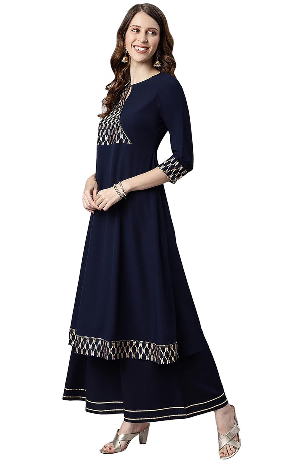 Janasya Women's Navy Blue Poly Crepe Kurta