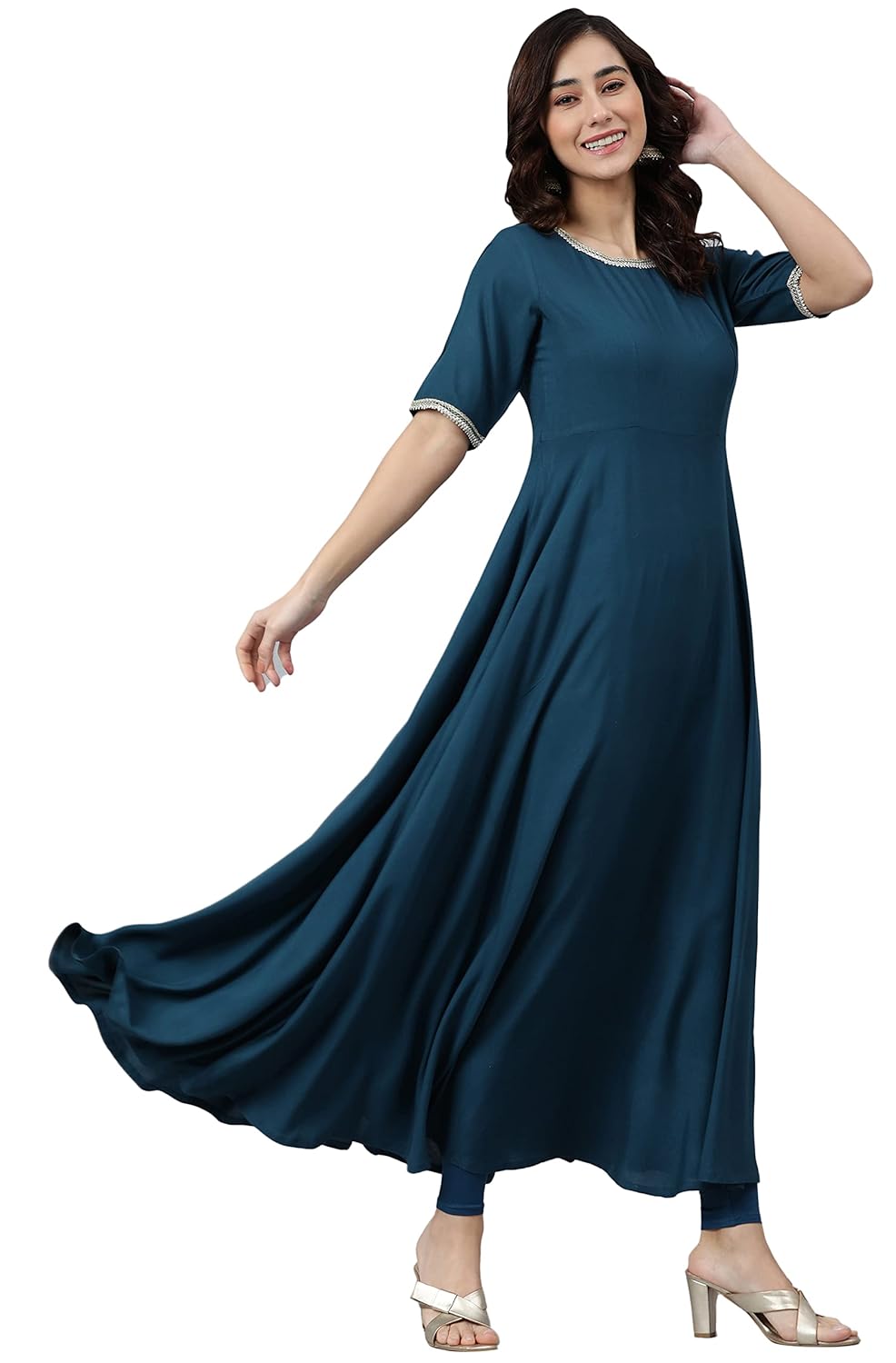 Janasya Women's Teal Rayon Kurta with Dupatta