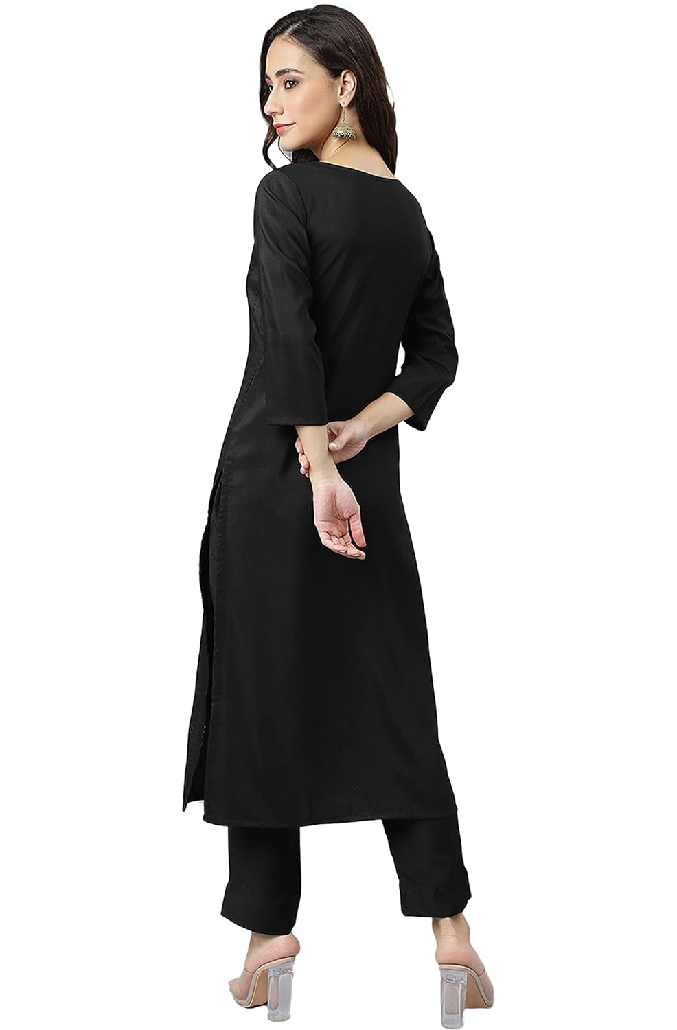 Janasya Women's Black Poly Silk Embroidered Kurta with Pant