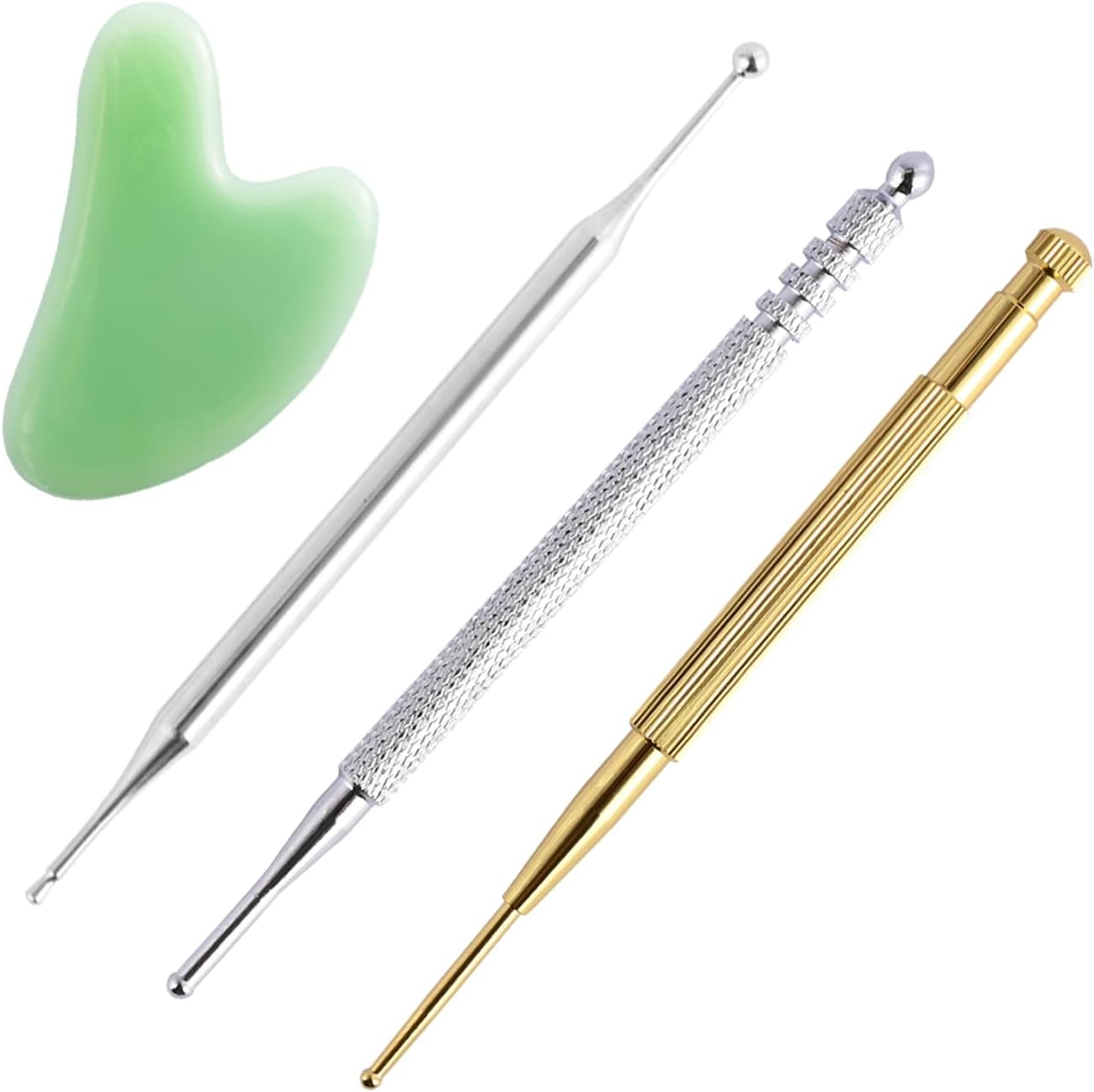 4PCS Facial Reflexology Massage Tool, Stainless Steel Manual Acupuncture Pen Retractable Acupuncture Pen, Double Headed Spring Loaded Ear and Body Point Probe Pen with GuaSha Board