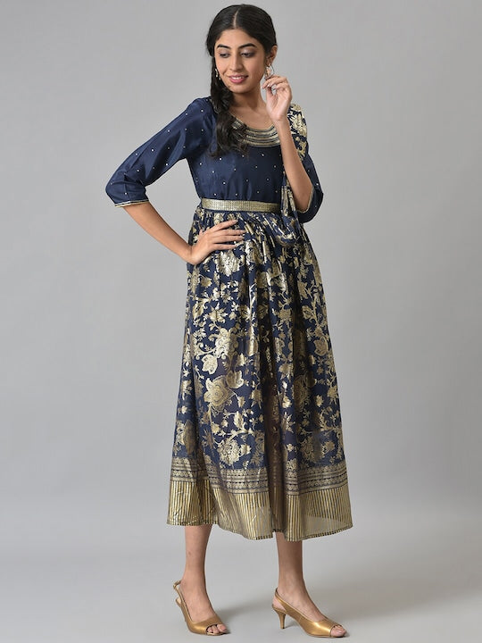 Aurelia Navy Blue Ethnic Motifs A-Line Midi Dress