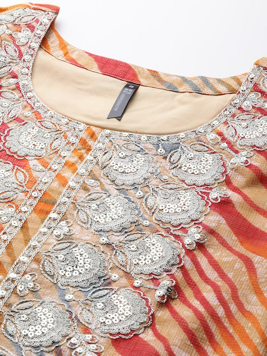 Here&now Leheriya Print Zari Yoke Design Kurta