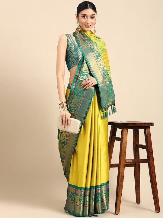 Anouk Yellow Zari Pure Silk Banarasi Saree