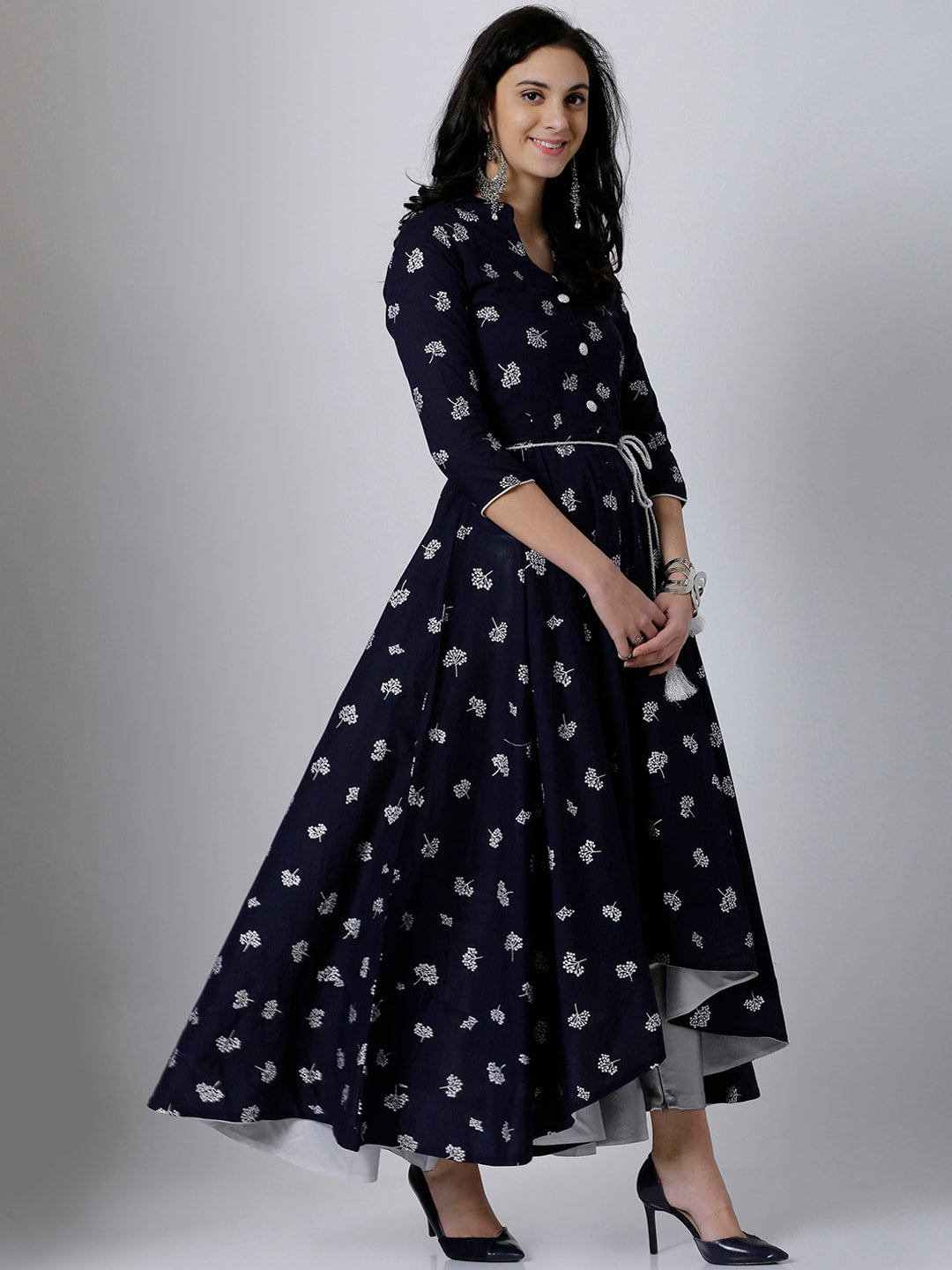 Vishudh Women Navy Blue & Silver-Toned Printed Anarkali Kurta