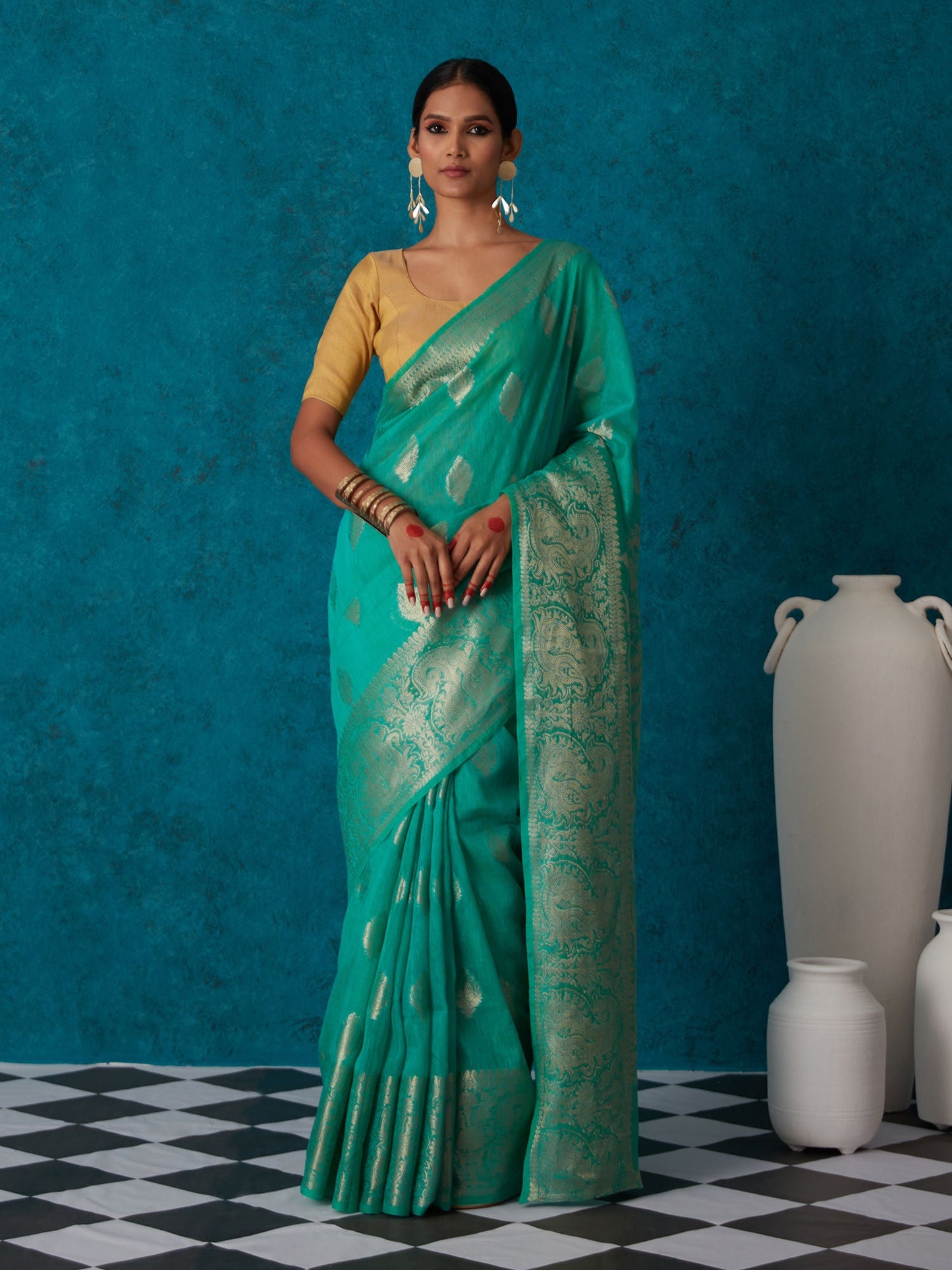 Likha Turquoise Linen Woven Bhagalpuri Festive Zari Saree & Unstitched Blouse LIKSAR47 (Free Size)