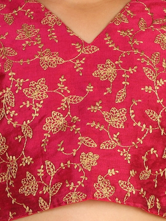 Vastramay Girls Embroidered Top & Rose Gold Skirt With Matching Neckless & Potli Bag