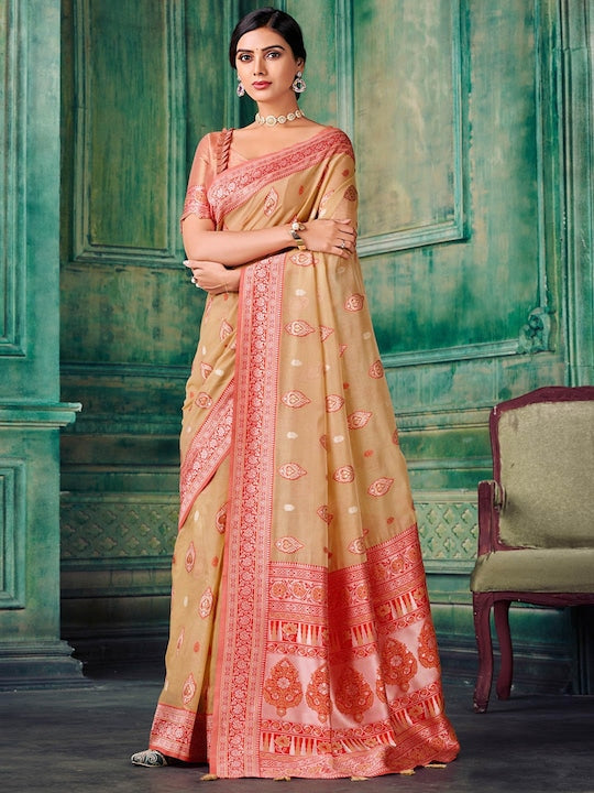 Sangria Beige Ethnic Motifs Woven Design Zari Saree