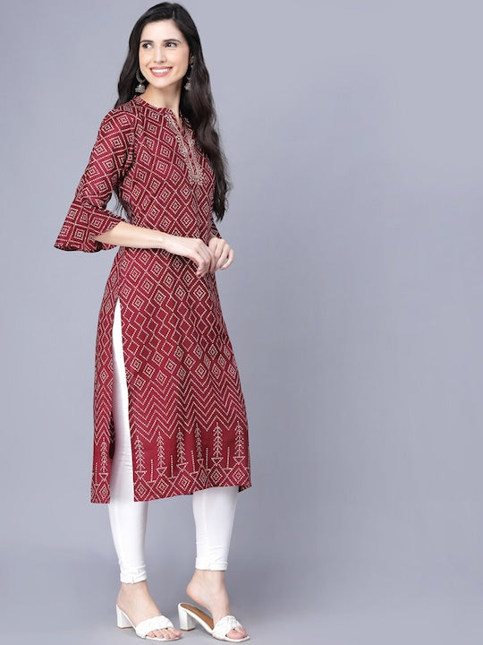 Myshka Women Maroon & White Ethnic Motifs Printed Flared Sleeves Kurta