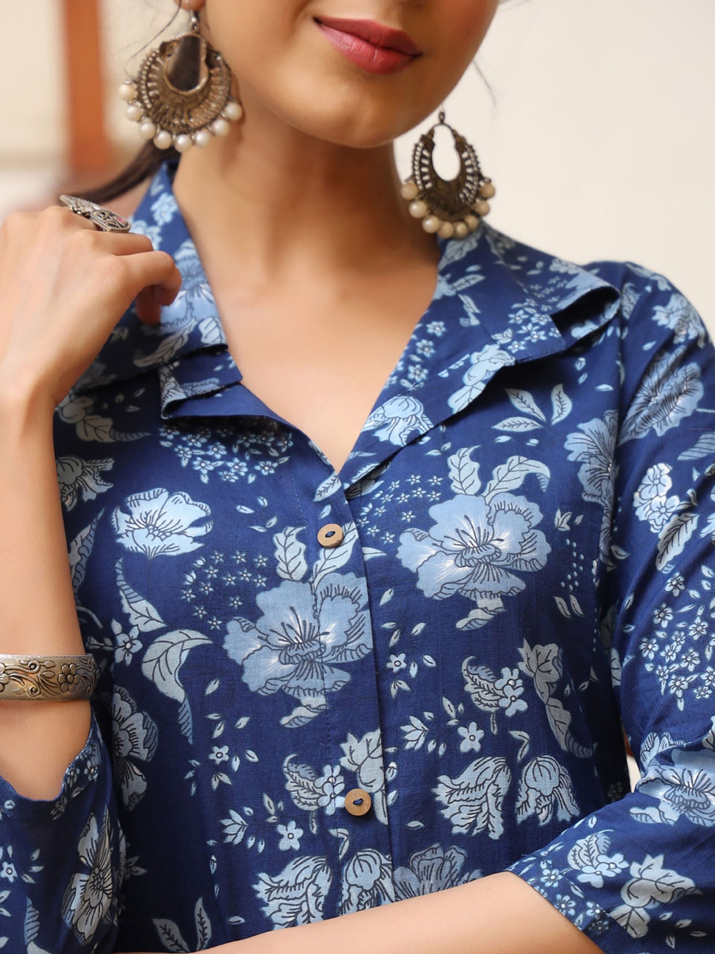 PIROH Women Cotton Floral Print A-Line Kurta & Pant Blue (Set of 2)