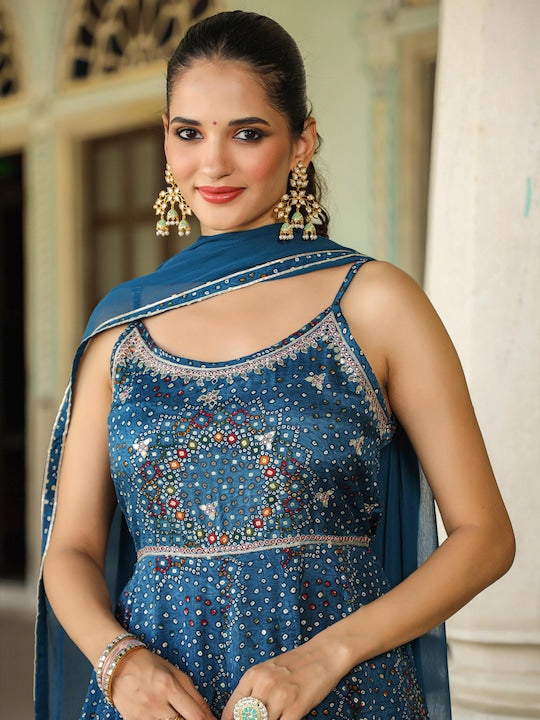 Scakhi Bandhani Printed Shoulder Straps Mirror Work Anarkali Kurta With Sharara & Dupatta