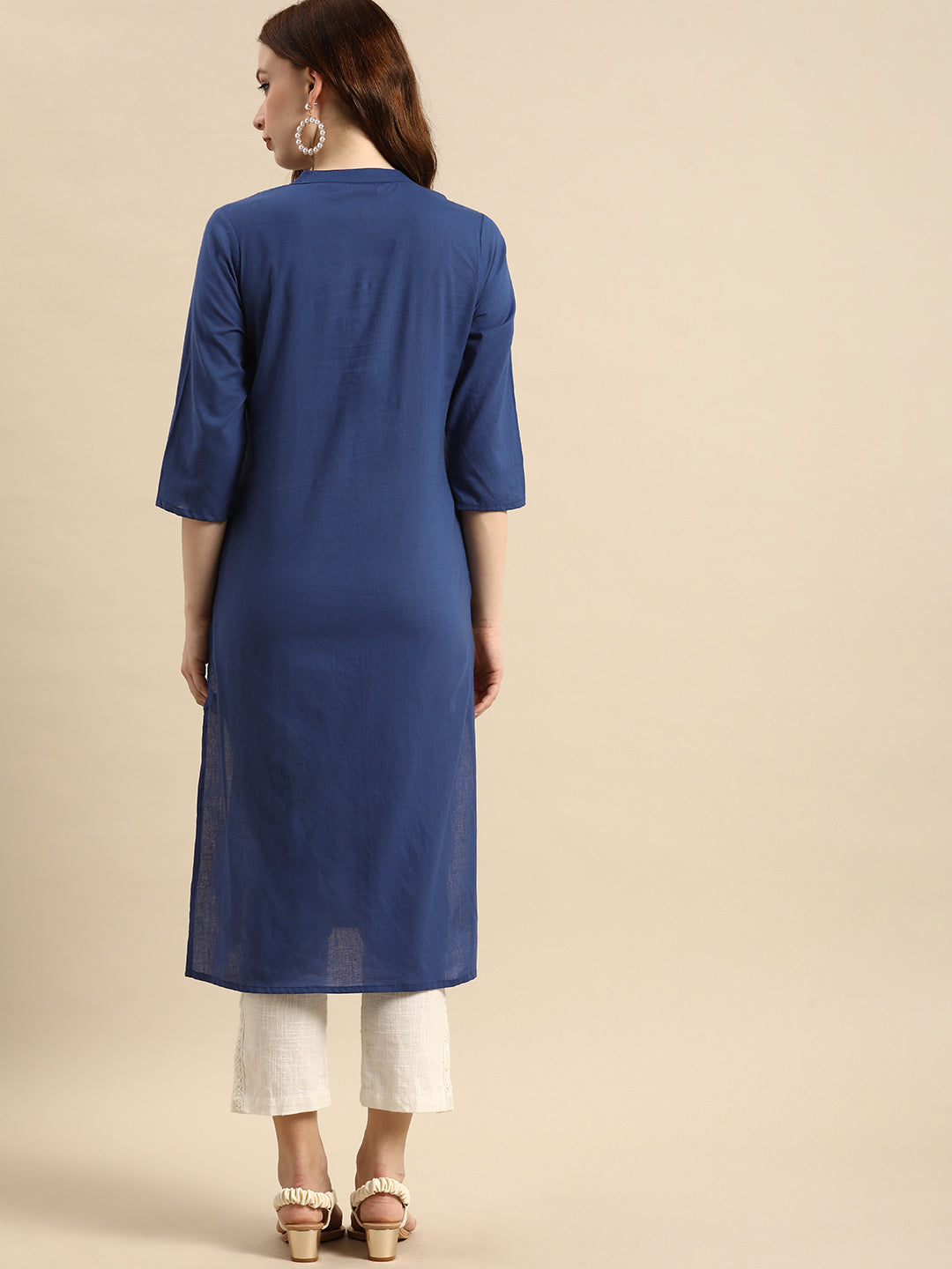 All about you Women Blue Geometric Yoke Design Pure Cotton Kurta