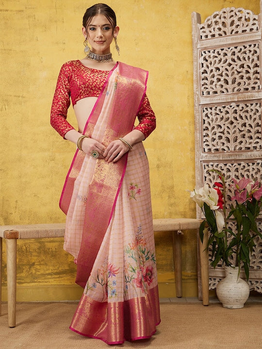 Silk Land Floral Zari Silk Blend Muga Saree