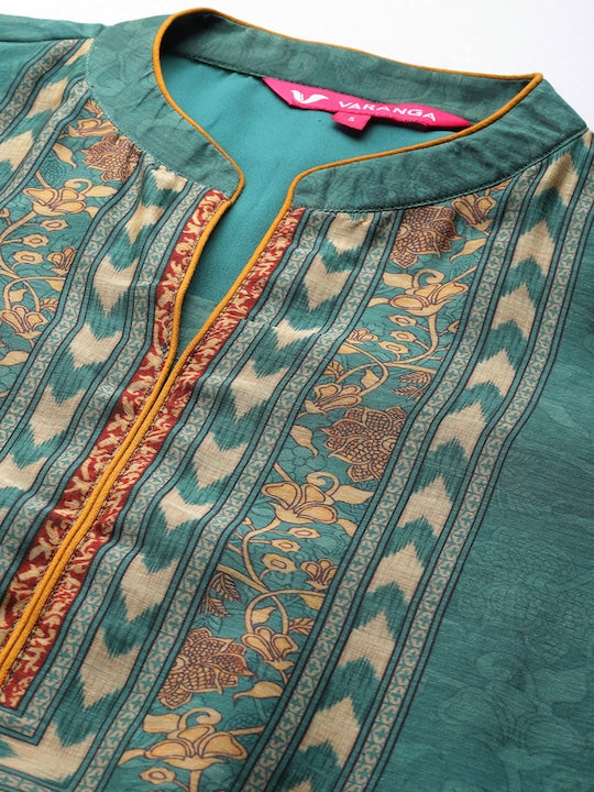 Varanga Women Floral Yoke Design Regular Chanderi Silk Kurta with Trousers & Dupatta