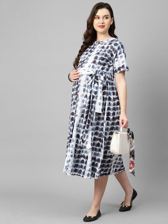 MomToBe Women White & Black Tie and Dye Maternity Midi Nursing Dress - L