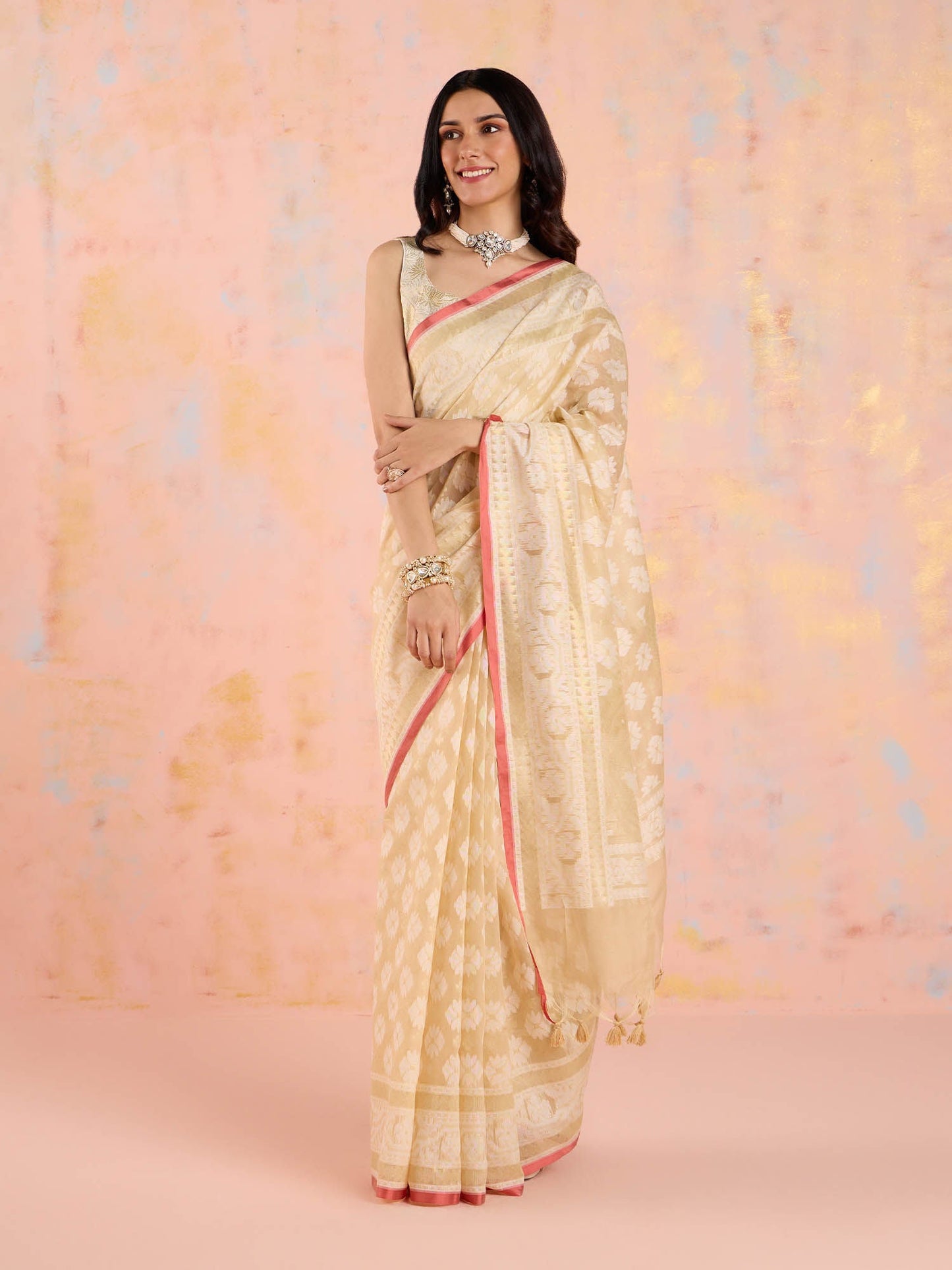 Likha Off White Karigar Korner Cotton Chanderi Jacquard Saree with Unstitched Blouse LIKKKPET04