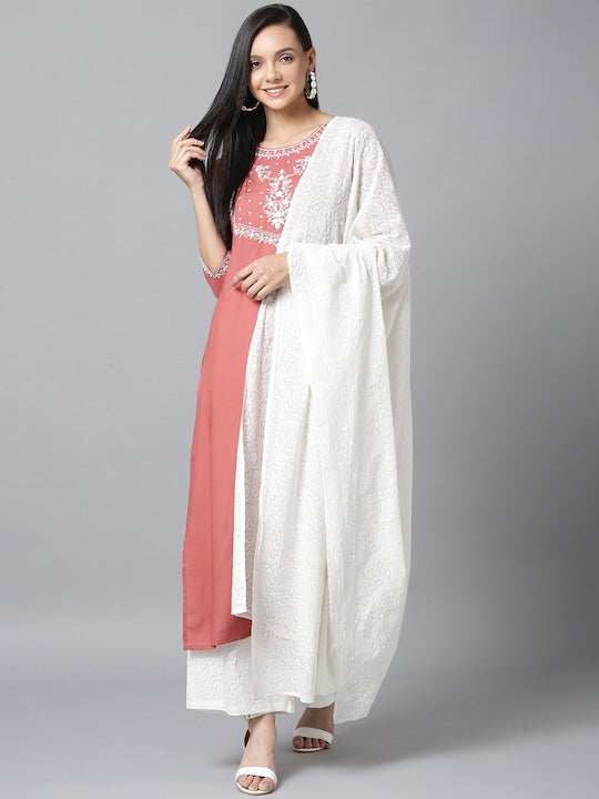 Yufta Women Pink & White Yoke Design Kurta with Palazzos & Dupatta - S