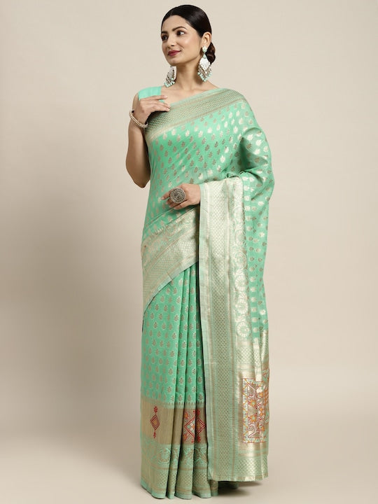 Saree mall Green & Golden Silk Cotton Woven Design Banarasi Saree