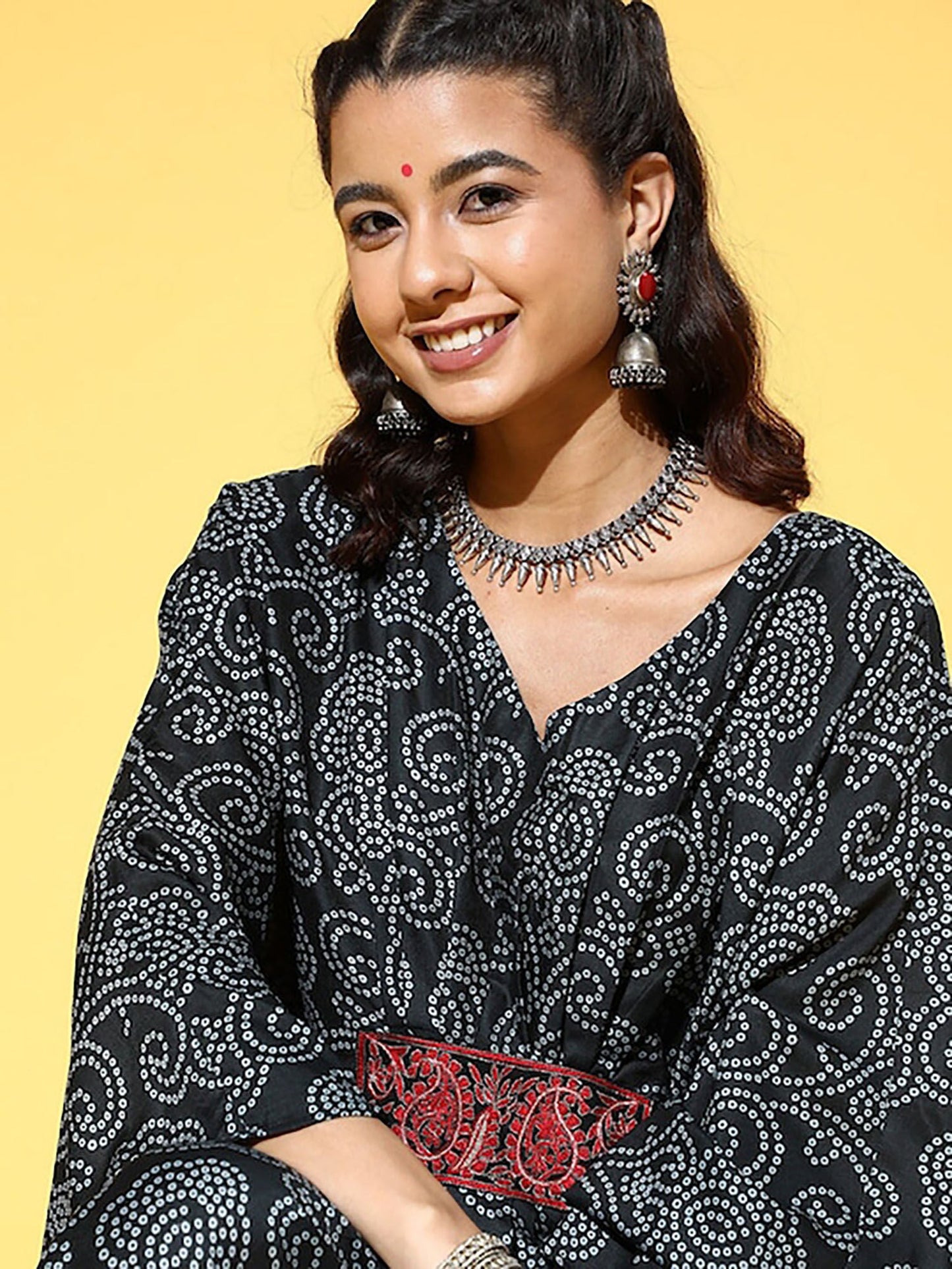KSUT Black Bandhani Digital Printed Kaftan with V-Neckline