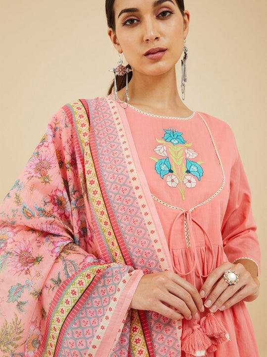 Soch Women Pink Floral Embroidered Pure Cotton Kurta with Churidar & Dupatta
