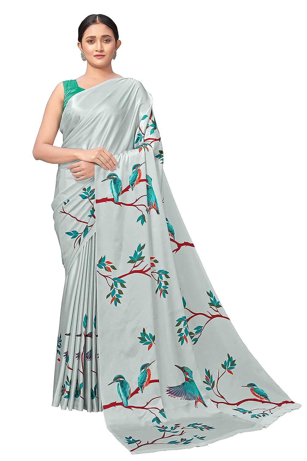 Monjolika Fashion Women's Light grey color Satin Crepe Saree