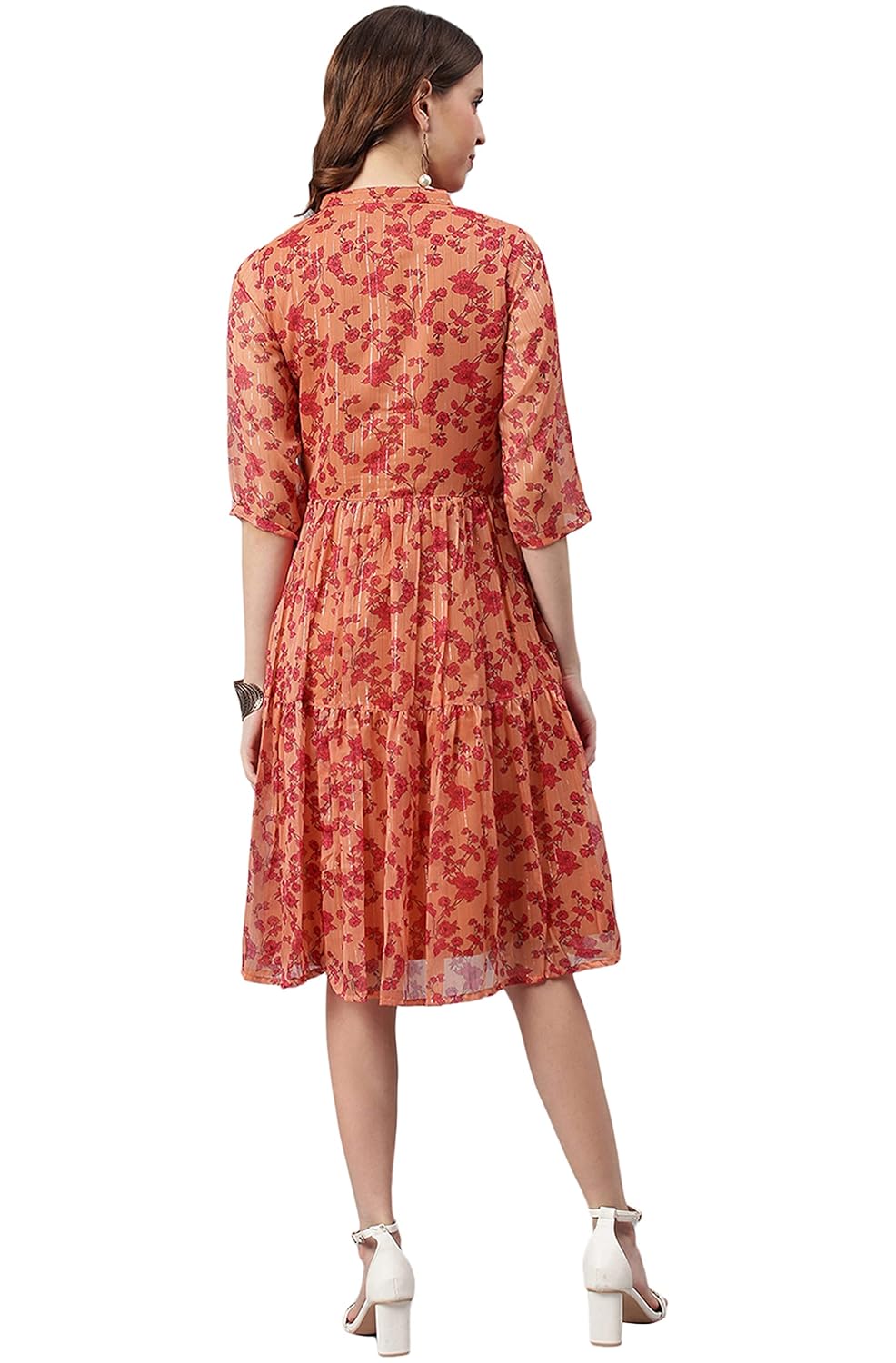 Janasya Women's Orange Poly Georgette Floral Flared Western Dress