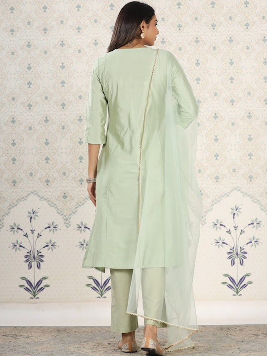 House of Pataudi Embroidered Gota Patti A-Line Kurta with Trousers and Dupatta