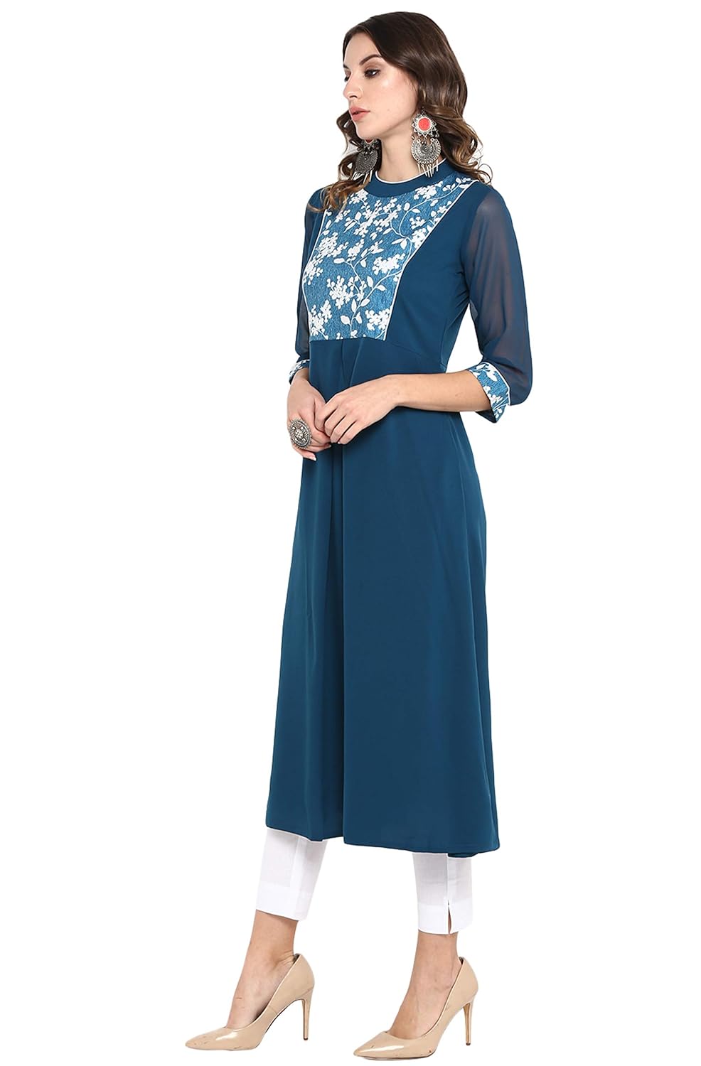 Janasya Women's Turquoise Blue Poly Crepe Floral Print A-line Kurta