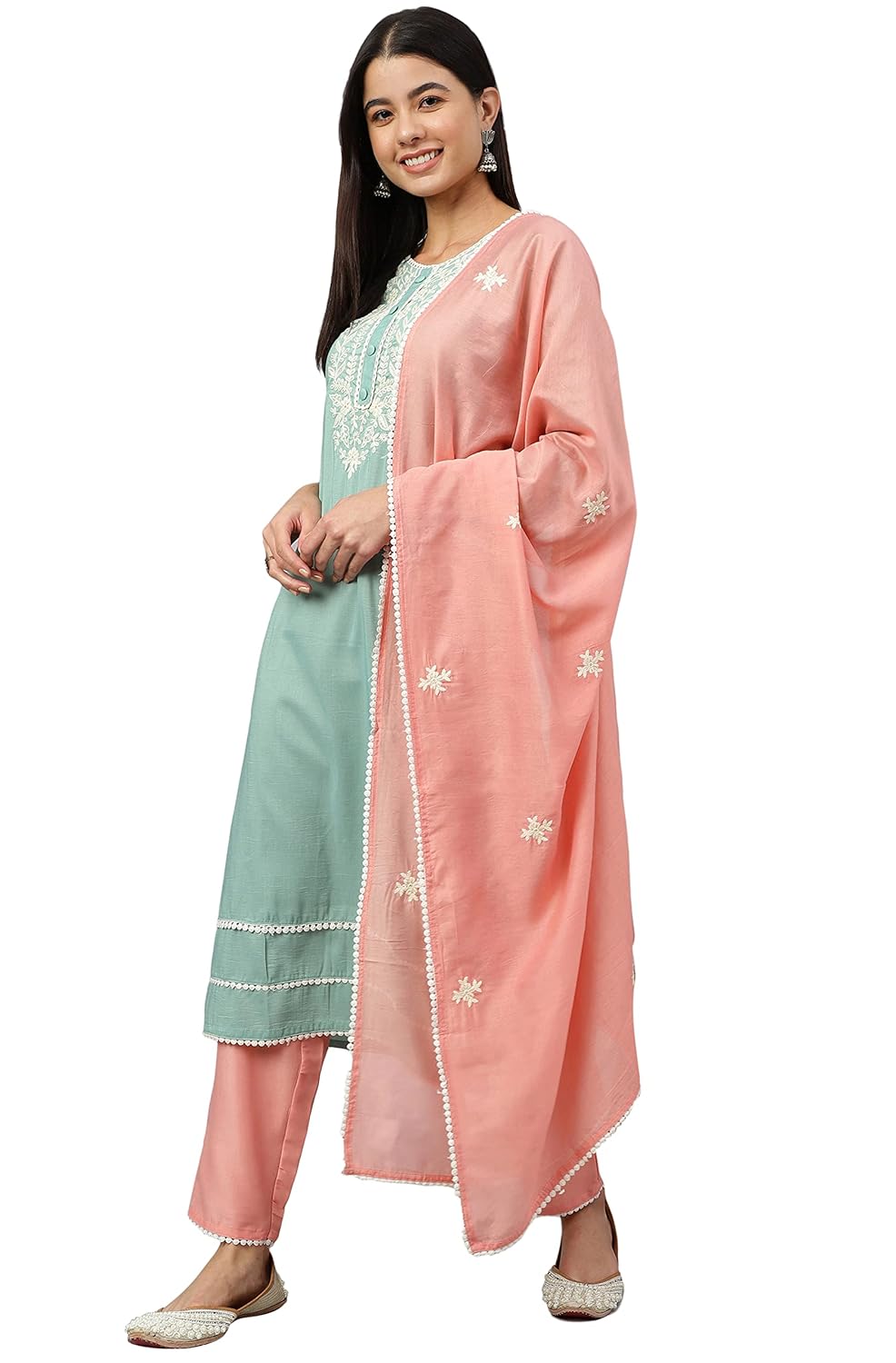 Janasya Women's Green Poly Silk Embroidered Kurta with Pant and Dupatta