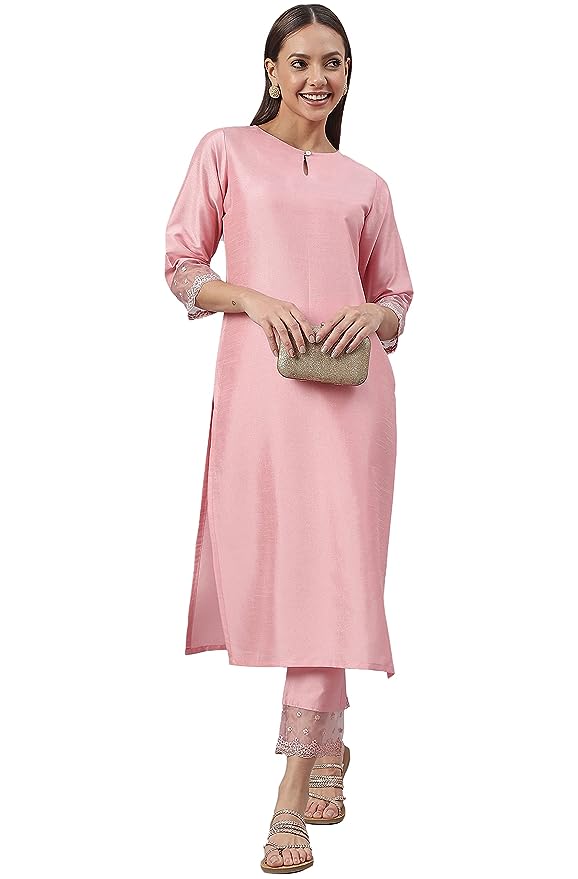Janasya Women's Pink Poly Silk Straight Kurta with Pant