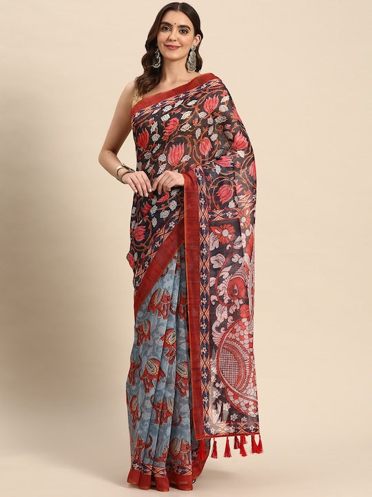 Silk Land Red Black Kalamkari Saree With Tassels