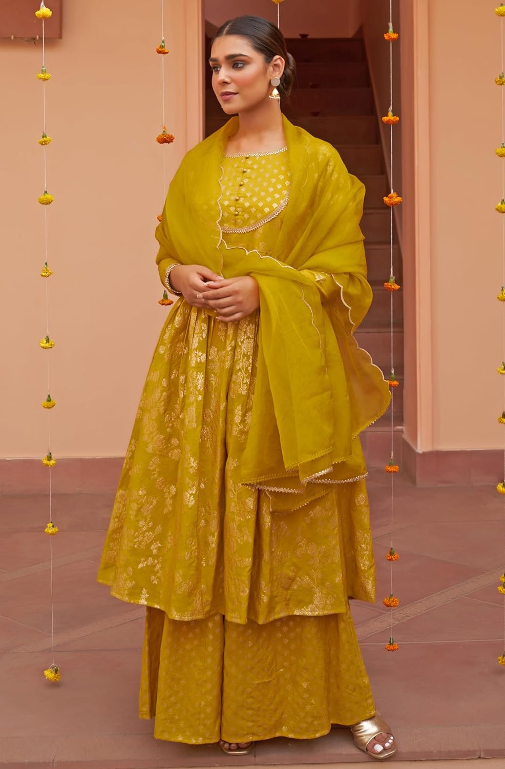 Janasya Women's Yellow Brocade Woven Design Kurta with Palazzo and Dupatta
