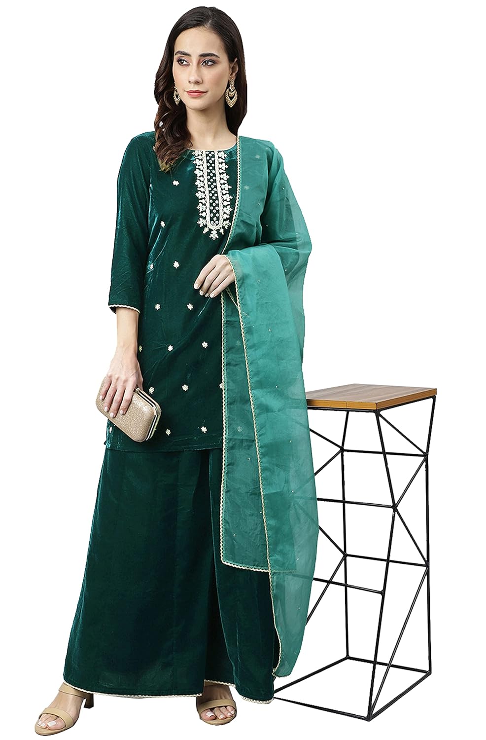 Janasya Women's Dark Green Velvet Floral Embroidery Kurta with Flared Palazzo and Dupatta