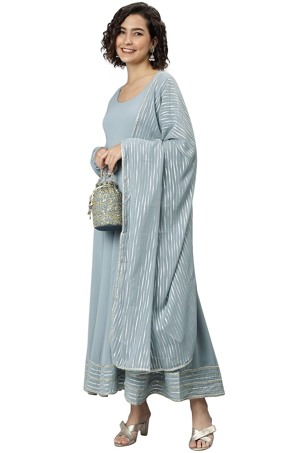 Janasya Women's Grey Poly Georgette Solid Kurta with Dupatta